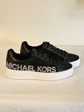 Michael Kors Black Glitter Logo Platform Sneakers with White Sole